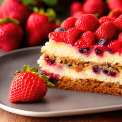 Strawberry and blueberry shortcake layered with whipped cream and berries. Homemade cake with strawberries on top
