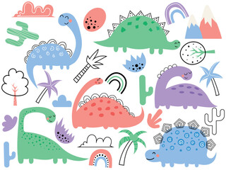 Set of cute dinosaurs, foliage, cactus. Vector illustration for kids, nursery, poster, card, birthday party. Funny cartoon dino collection. Cute vector set with dinosaurs.
