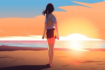 Solitary Stroll: Beautiful Anime Girl Walking Towards the Setting Sun at Beach, Sunset, Generative AI