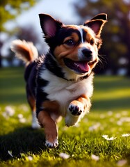 Portrait of a cute white and brown Jack Russell dog running on the grass Generative Ai