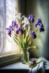 pastel coloured irises growing in a meadow on a light blurred background. AI generativ.