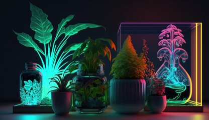 Neon vase with flowers and plants.