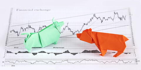 Origami bull and bear trading on exchange graphic graphics, bullish bearish market