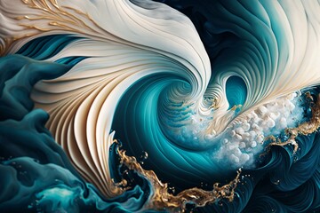Abstract ocean with natural luxury treasure, marble swirls and agate ripples, artificial background, blue colors, gold, generative AI, generative, AI, rotation, motion water