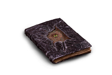 A closed book of black magic depicting the eye of a sea monster. Mystic, occult object, halloween and black magic concept, isolate.
