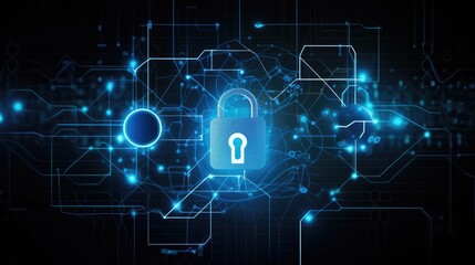 Security digital network padlock. Technology data flowing