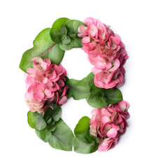 The image shows a number 8 made of pink flowers, with green leaves on the sides.