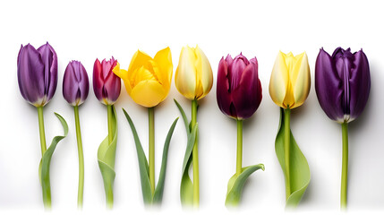 Row of colorful tulips on a white background, Generative Ai