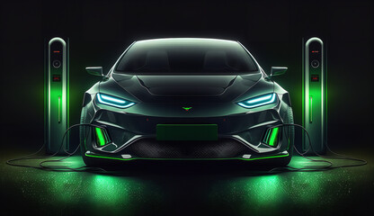 Electric car at charging station. Front view electric car with green glowing on dark background. EV concept
