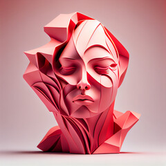 Modern Abstract Woman's face Sculpture design, rose color, eyes closed, face directioned from camera, Generative AI