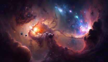 Obraz na płótnie Canvas epic shot of planets and asteroids in nebulae. Generative AI