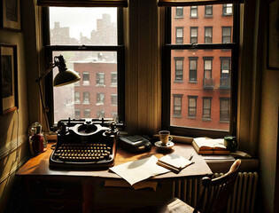 The office of a 1930s crime novelist with a view of Brooklyn in NYC, and a vintage typewriter  -generative AI