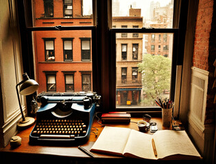 The office of a 1930s crime novelist with a view of Brooklyn in NYC, and a vintage typewriter  -generative AI