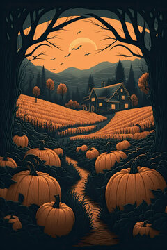 Poster illustration of Halloween jack-o-lanterns in a pumpkin field at night with farmhouse in the background created with Generative AI technology