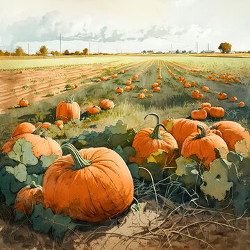 Watercolor pumpkin farm with dirt road going through the middle created with Generative AI technology