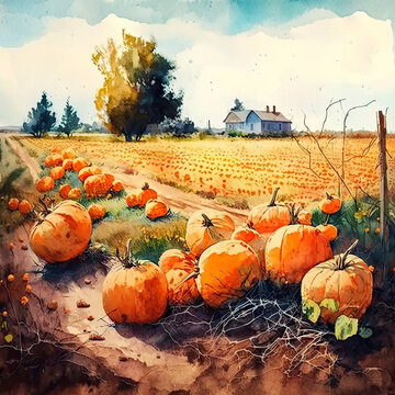 Watercolor pumpkin farm with dirt road going through the middle created with Generative AI technology