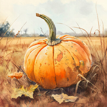 Watercolor of giant pumpkin in a field created with Generative AI technology