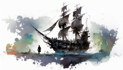 ghost ship, isolated on white background - watercolor style illustration background by Generative Ai