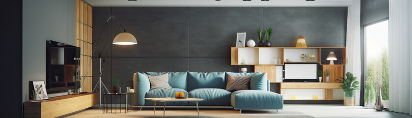 Interior of modern living room panorama, generative ai