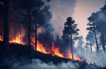 Fototapeta premium a forest fire burning in the night with lots of trees on the side of the fire line and a lot of smoke coming from the trees Generative AI.