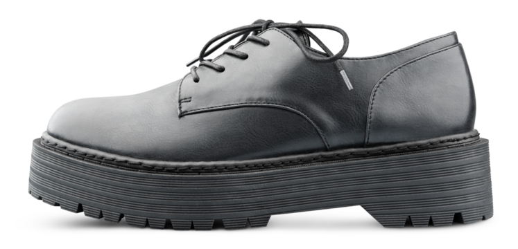 Black leather boot with shoelaces bow. Isolated on transparent background. Full Depth of Field