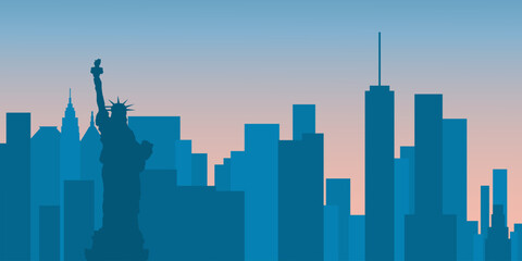 Horizontal banner of New York skyline. Blue silhouette skyline of New York, USA. Vector template for your design. Vector illustration