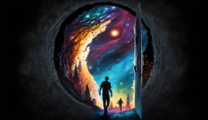 a lonely person walking toward the portal to the galaxy