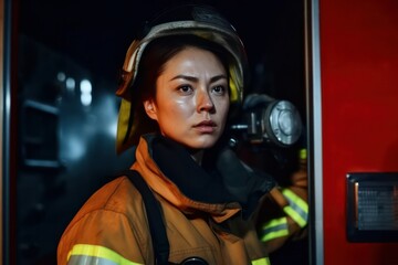 Asian female firefighter in uniform, confidently posing with a serious, stoic expression, showcasing strength and bravery, generative ai