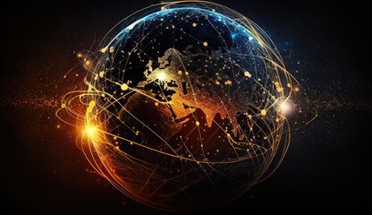 Earth in space with a golden glow of communication channels and networks around the World - generative ai