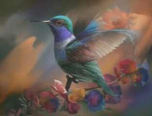 Fototapeta premium Colorful hummingbird on top of beautiful flowers. AI generated, human enhanced. Background