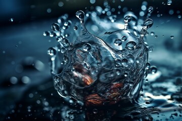 Abstract splash on water with drops, selective focus on blurred background. AI generated, human enhanced.