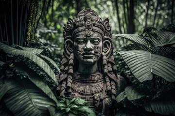 a stone statue in the jungle, indicates an ancient civilization, deity, temple statue created with Generative AI technology