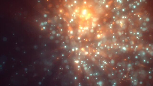 Abstract yellow gold blue energy particles and dots glowing flying sparks festive with bokeh effect and blur background, 4k video, 60 fps