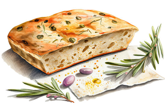 Focaccia italian bread isolated on white background. Ai generative watercolour illustration.