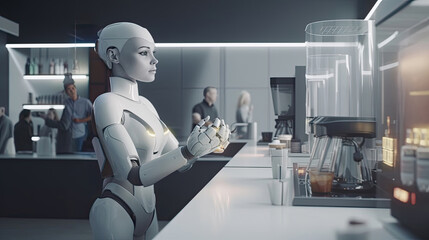 Naklejka na ściany i meble Futuristic Robot AI In Restaurant Serving Humans - AI-Generated Illustration