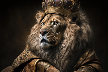 the king of the felines, lion wears a crown, lifelike, golden cape created with Generative AI technology
