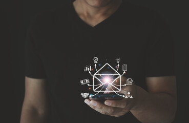 Man holding smartphone and checking email online. Concept of email marketing. advertising medium, customers to target, Content, Social Media, Subscriber List, Analysis, Reliability, Strategy, Prizes.