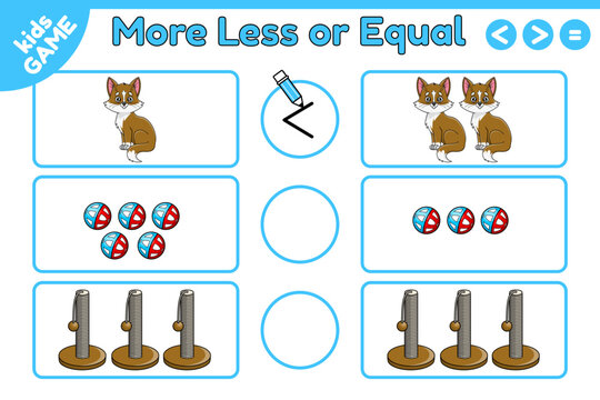 More, less or equal. Math game for children. Algebra training for kids. Exercise for kindergarten and school education. Cartoon cats, pet accessories. Isolated vector illustration on white background.