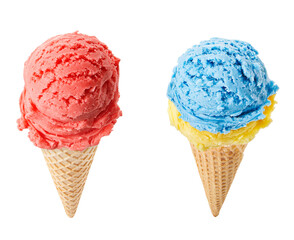 Blueberry and strawberry ice cream with cone isolated on white background