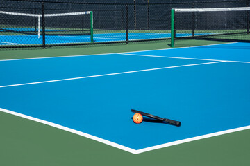 View of a new pickleball complex with a paddle and orange ball on blue and green courts in a...