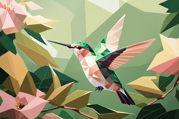 A geometric low polygon background with varying shades of green.delicate hummingbird hovering mid-flight near a pink flower. Generative AI