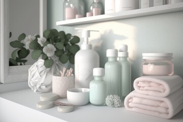Fototapeta na wymiar Cosmetic products for body care are displayed beautifully in elegant soft light in a white bathroom interior with a modern style. selective focus. Generative AI