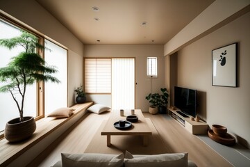Japanese Minimalistic Home Interior, A serene and minimalist living room with a Japanese-inspired design. Generative AI