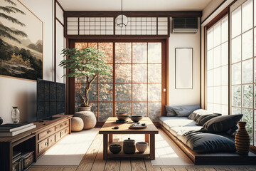 Japanese Minimalistic Home Interior, A serene and minimalist living room with a Japanese-inspired design. Generative AI