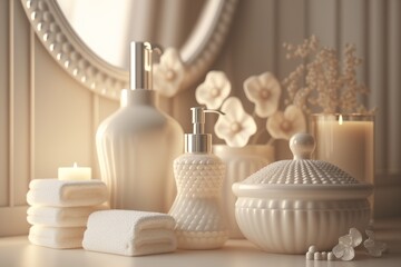 Fototapeta na wymiar Cosmetic products for body care are displayed beautifully in elegant soft light in a white bathroom interior with a modern style. selective focus. Generative AI 