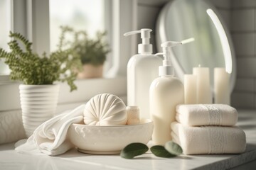 Obraz na płótnie Canvas Cosmetic products for body care are displayed beautifully in elegant soft light in a white bathroom interior with a modern style. selective focus. Generative AI 