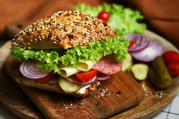 Appetizing sandwich with salami, cheese and vegetables.