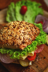 Appetizing sandwich with salami, cheese and vegetables.