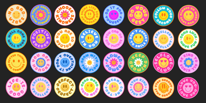 Cool Trendy Smile Stickers Pack. Set Of Groovy Y2k Patches Pop Art Design. Vintage Emoticon Badges.