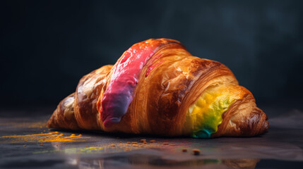 Delicious Rainbow Iced Croissant on Graphite Plate against Dark Background - Generative Ai